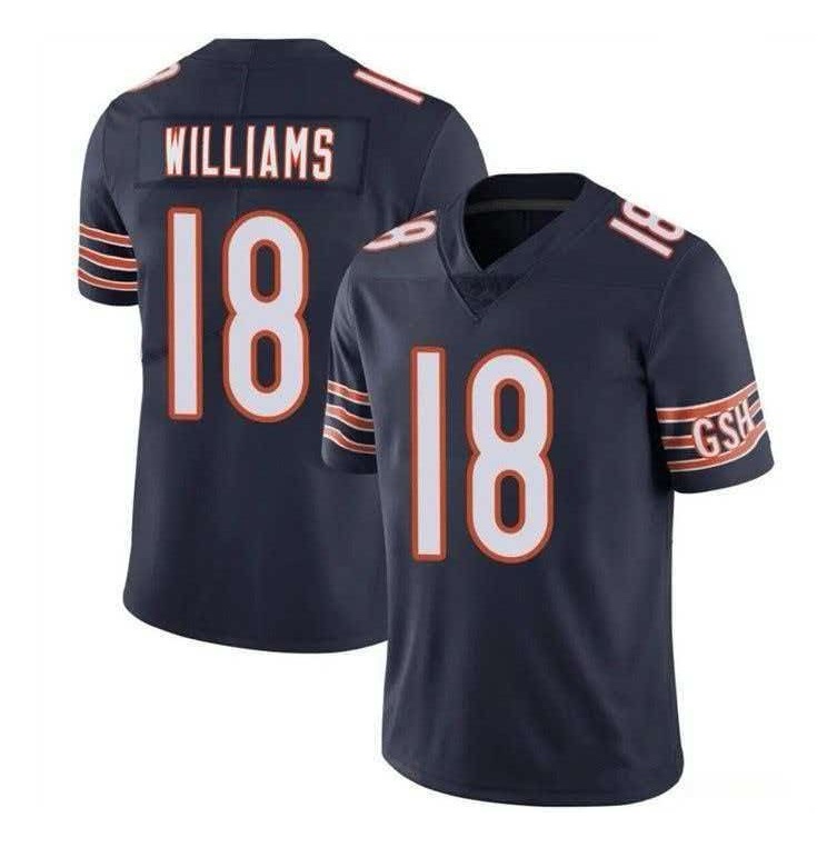 4 (9) ג'רזי אוהדים של Chicago Bears בצבע כחול כהה, מספר 18 WILLIAMS, תצוגה קדמית ואחורית