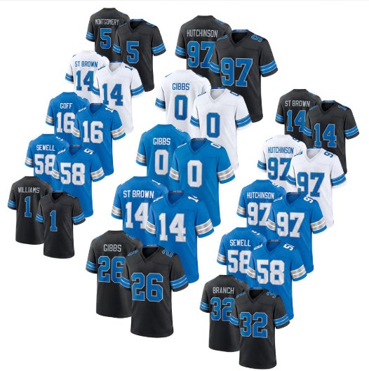 8 (1) חולצת אוהדים Detroit Lions לגברים – מבחר שמות בשלושה צבעים, תצוגת קולאז׳