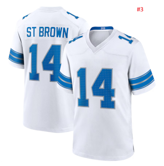 חולצת אוהדים Detroit Lions לבנה – ST BROWN 14, חזית וגב