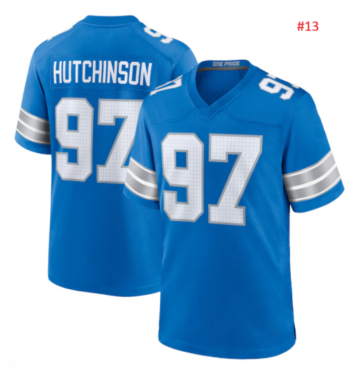 חולצת אוהדים Detroit Lions כחולה – HUTCHINSON 97, חזית וגב