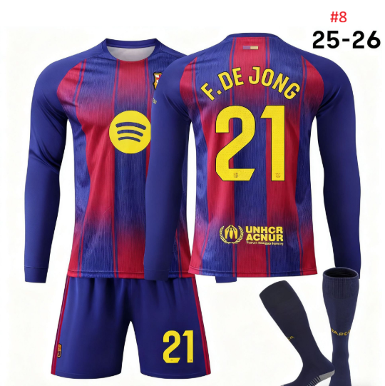 סט מדים כדורגל ארוך עם שם F. De Jong ומספר 21, קדמי ואחורי