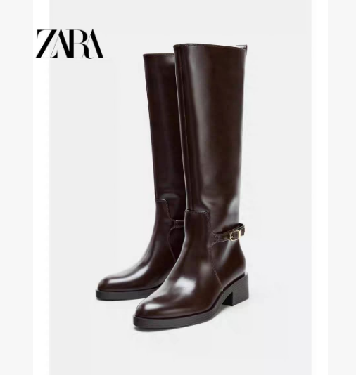 ZARA מגפי רכיבה גבוהים לנשים עם אבזם מגפי רכיבה לנשים ZARA לחורף, חום כהה בזווית אלכסונית