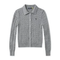 סריג צמות עם צווארון סוודר עם כפתורים פולו ראלף לורן Ralph Lauren